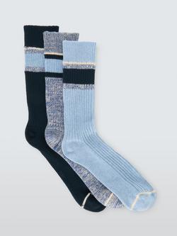 John Lewis Organic Cotton Blend Ankle Stripe Boot Socks, Pack of 3, Blue Multi, Blue Multi