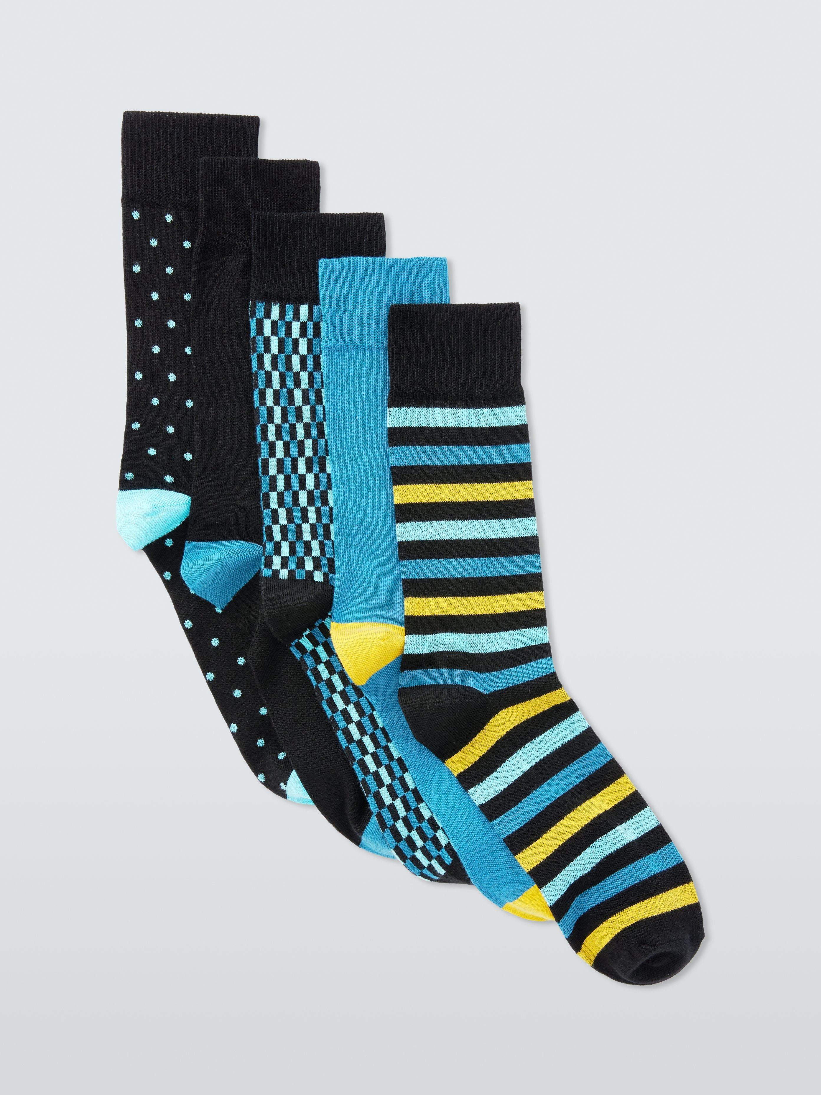 Product image 1 of 2, which shows John Lewis Organic Cotton Rich Heel & Toe Plain & Pattern Socks, Pack of 5, Blue Multi, L