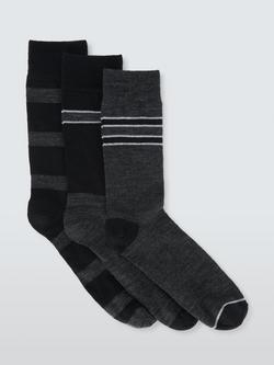 John Lewis Wool Blend Assorted Stripe Socks, Pack of 3, Black Multi, Black Multi