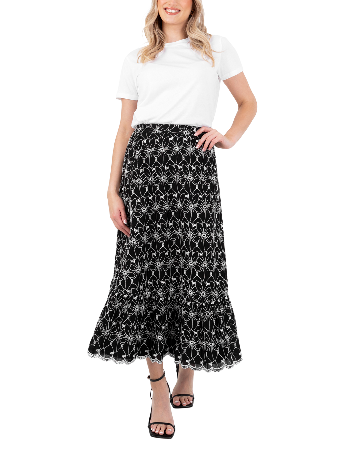 Product image 1 of 11, which shows Lovedrobe Broderie Detail Midi Skirt, Black/White, 8