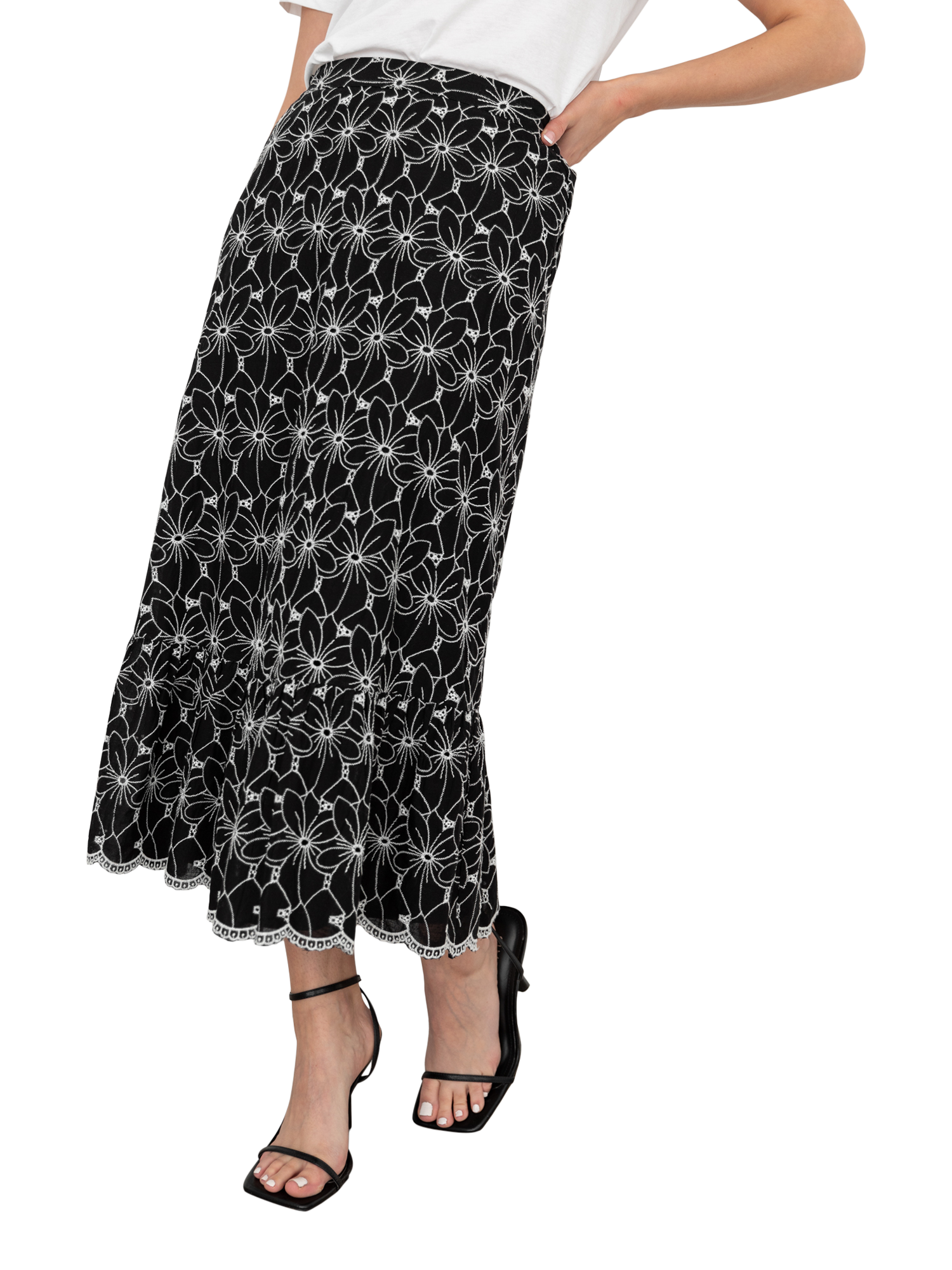 Product image 2 of 11, which shows Lovedrobe Broderie Detail Midi Skirt, Black/White, 8