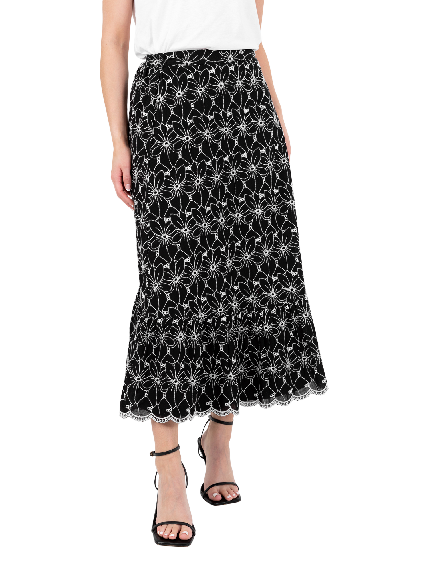 Product image 3 of 11, which shows Lovedrobe Broderie Detail Midi Skirt, Black/White, 8