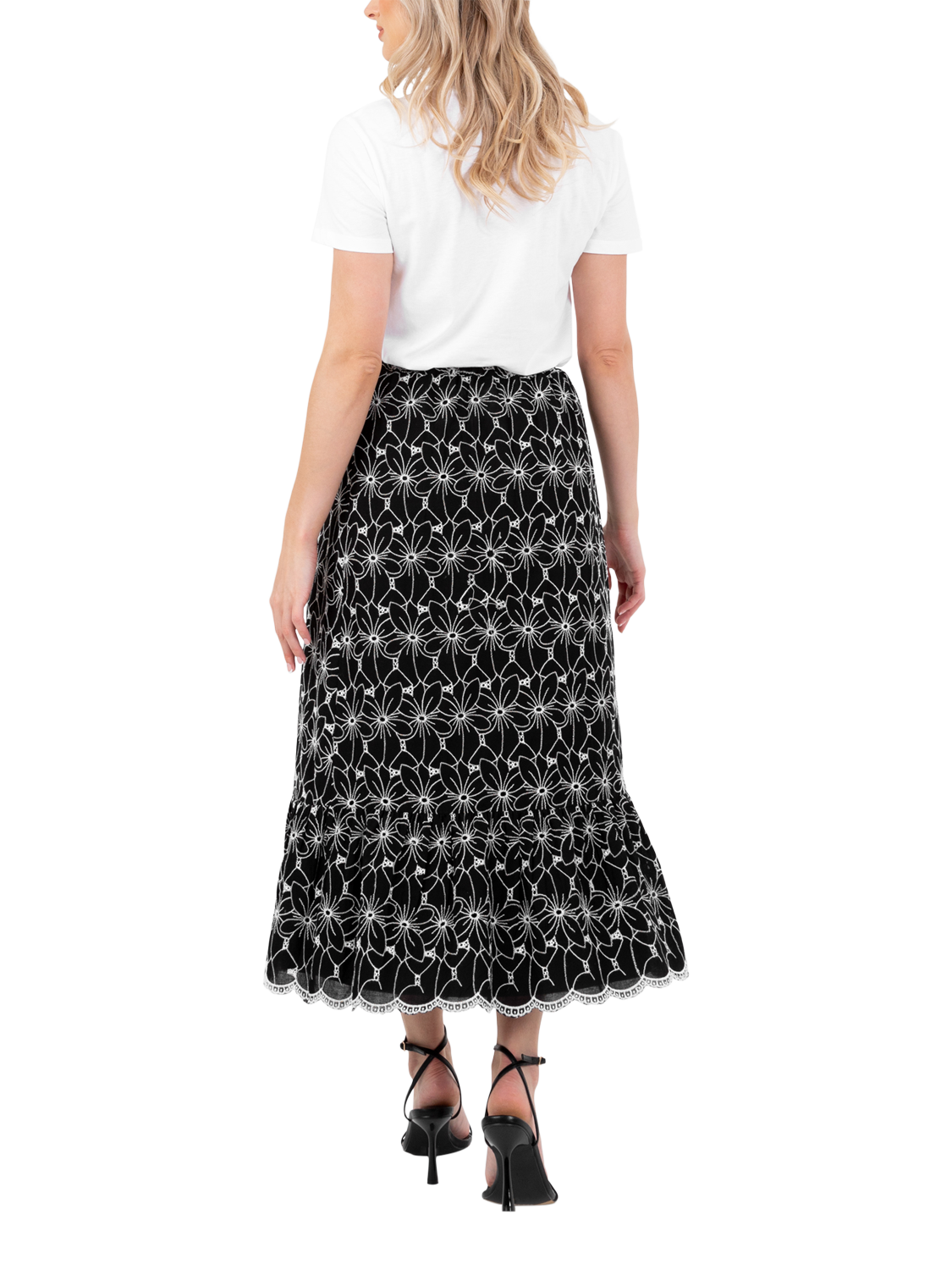 Product image 4 of 11, which shows Lovedrobe Broderie Detail Midi Skirt, Black/White, 8