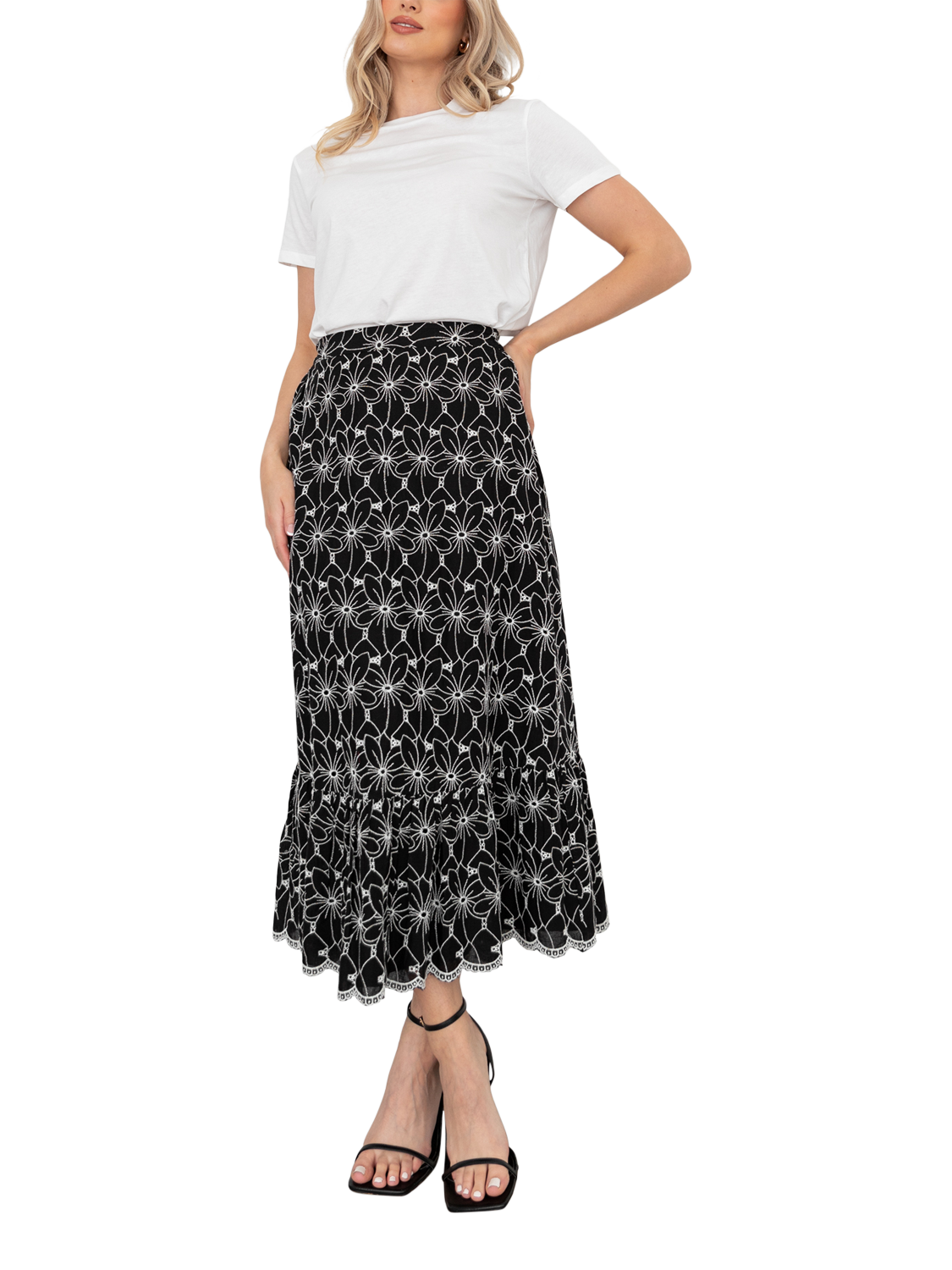 Product image 5 of 11, which shows Lovedrobe Broderie Detail Midi Skirt, Black/White, 8