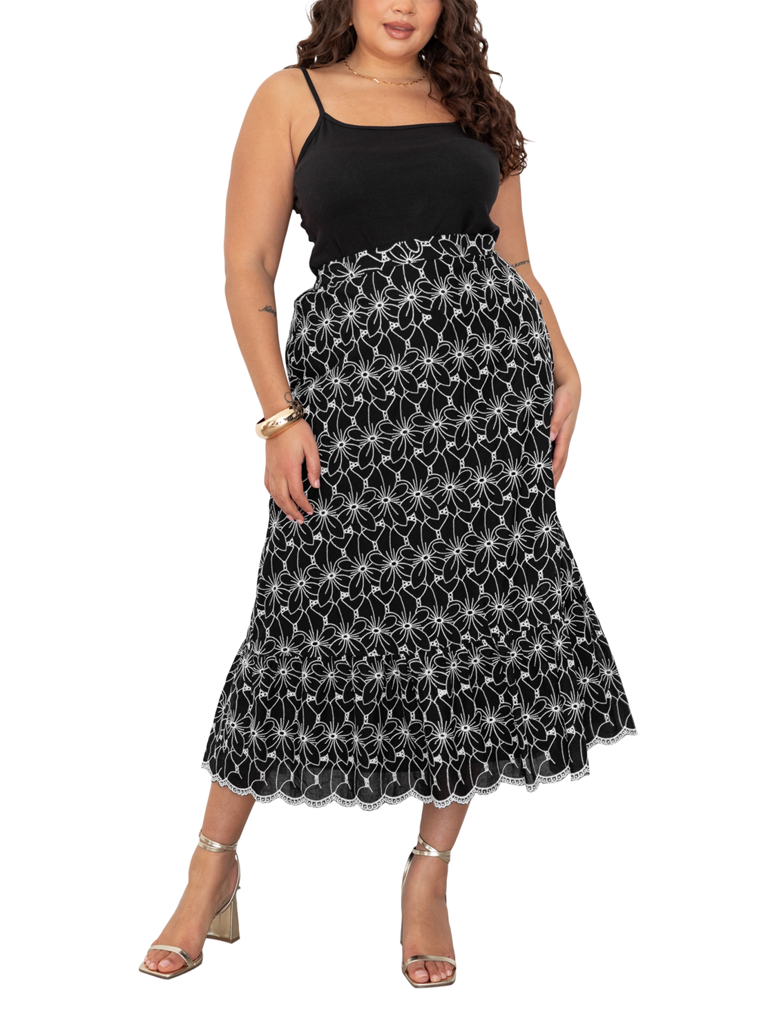 Product image 6 of 11, which shows Lovedrobe Broderie Detail Midi Skirt, Black/White, 8