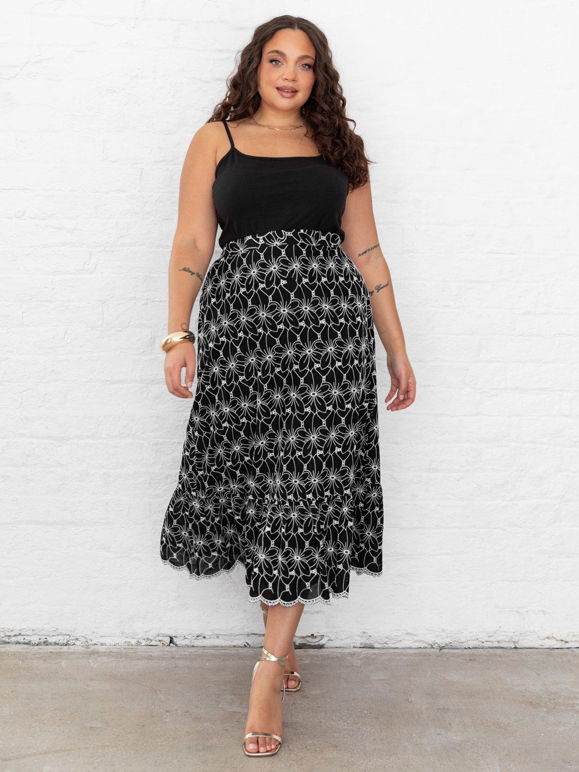 Product image 7 of 11, which shows Lovedrobe Broderie Detail Midi Skirt, Black/White, 8