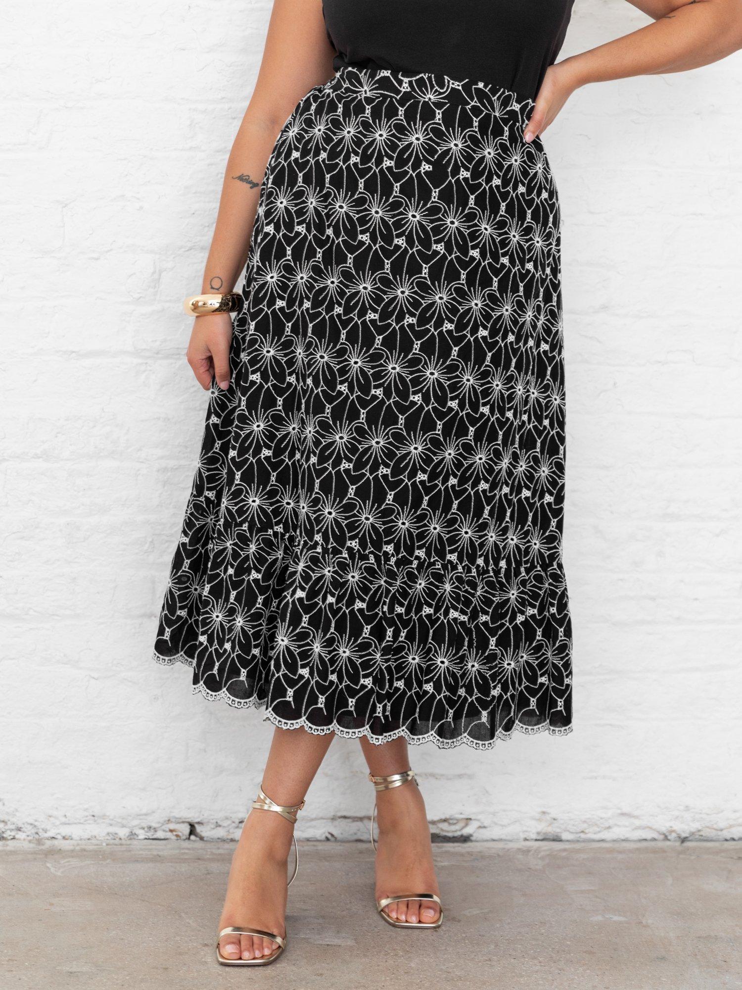 Product image 8 of 11, which shows Lovedrobe Broderie Detail Midi Skirt, Black/White, 8