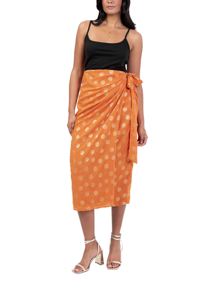 Lovedrobe Metallic Swirl Wrap Midi Skirt, Orange/ Gold, Orange/ Gold