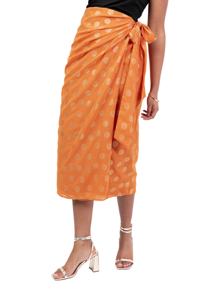Lovedrobe Metallic Swirl Wrap Midi Skirt, Orange/ Gold - view 2, Orange/ Gold