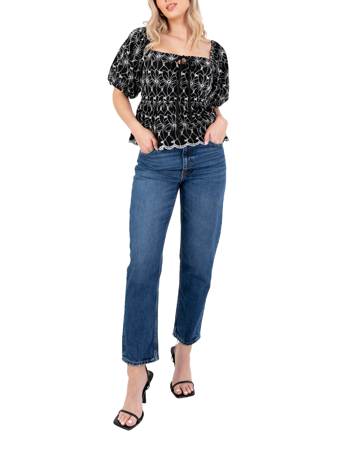 Product image 1 of 11, which shows Lovedrobe Broderie Anglaise Peplum Top, Black/White, 8