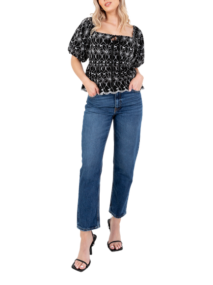 Lovedrobe Broderie Anglaise Peplum Top, Black/White, Black/White