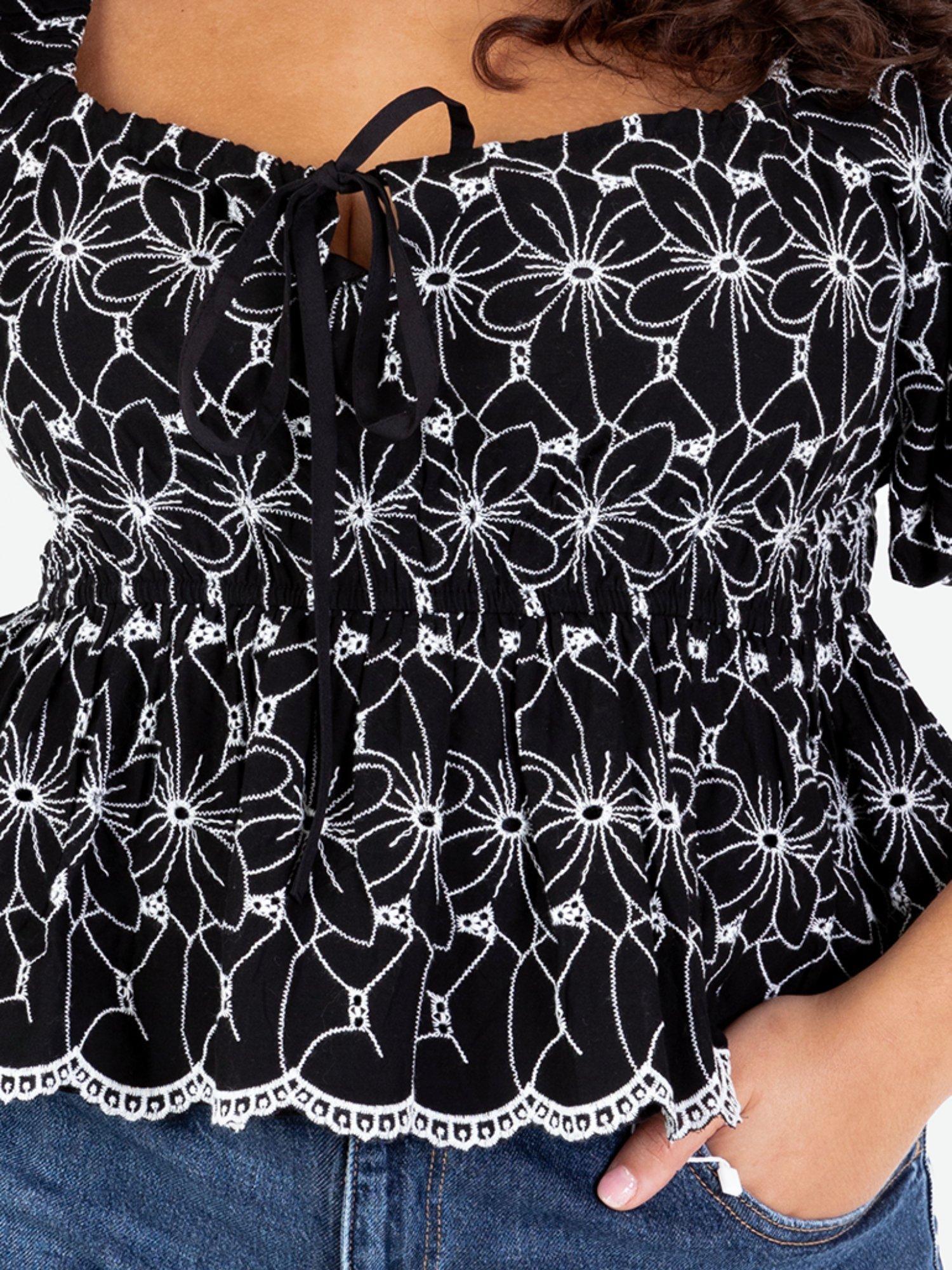 Product image 11 of 11, which shows Lovedrobe Broderie Anglaise Peplum Top, Black/White, 8
