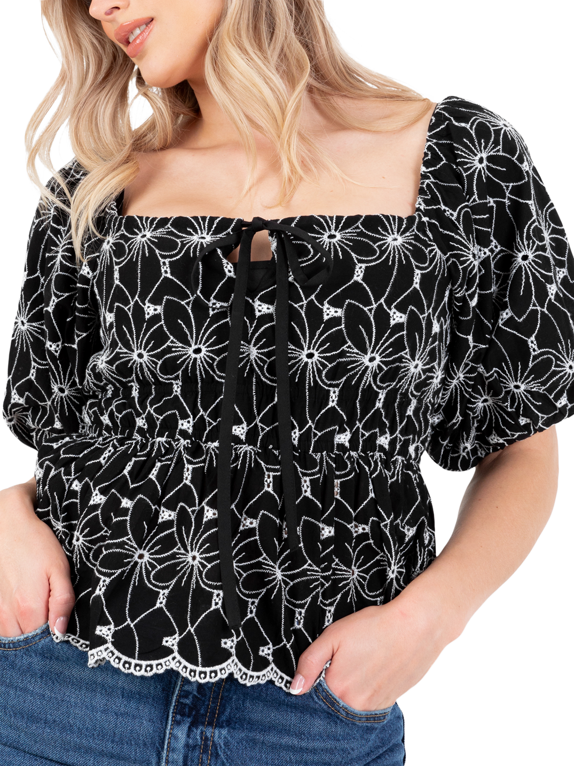 Product image 2 of 11, which shows Lovedrobe Broderie Anglaise Peplum Top, Black/White, 8