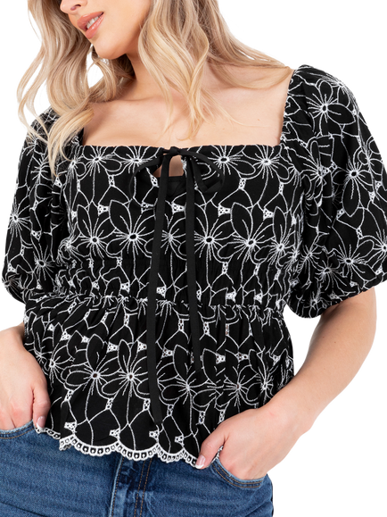 Lovedrobe Broderie Anglaise Peplum Top, Black/White - view 2, Black/White
