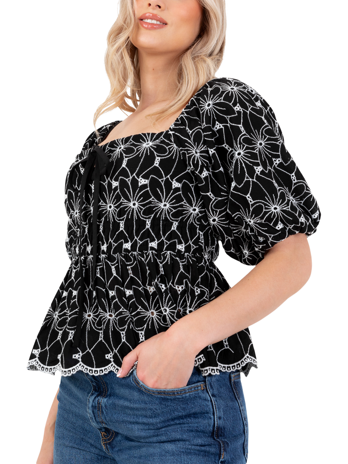 Product image 3 of 11, which shows Lovedrobe Broderie Anglaise Peplum Top, Black/White, 8