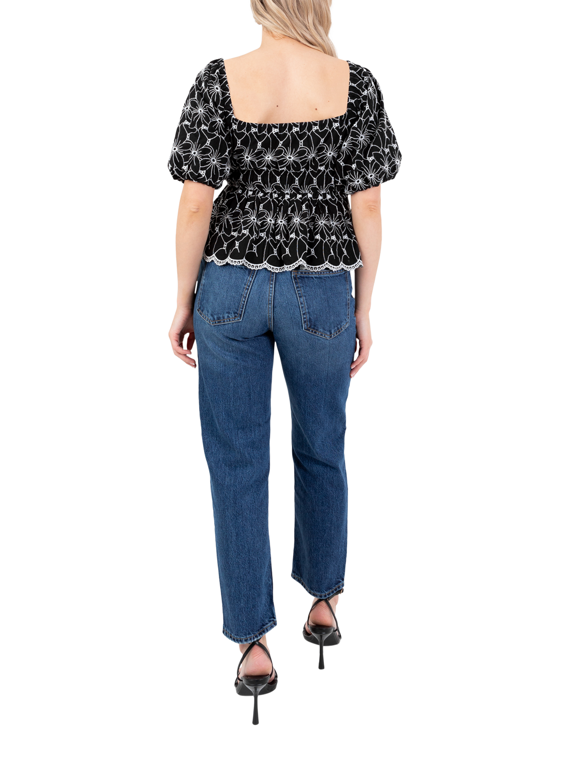 Product image 4 of 11, which shows Lovedrobe Broderie Anglaise Peplum Top, Black/White, 8