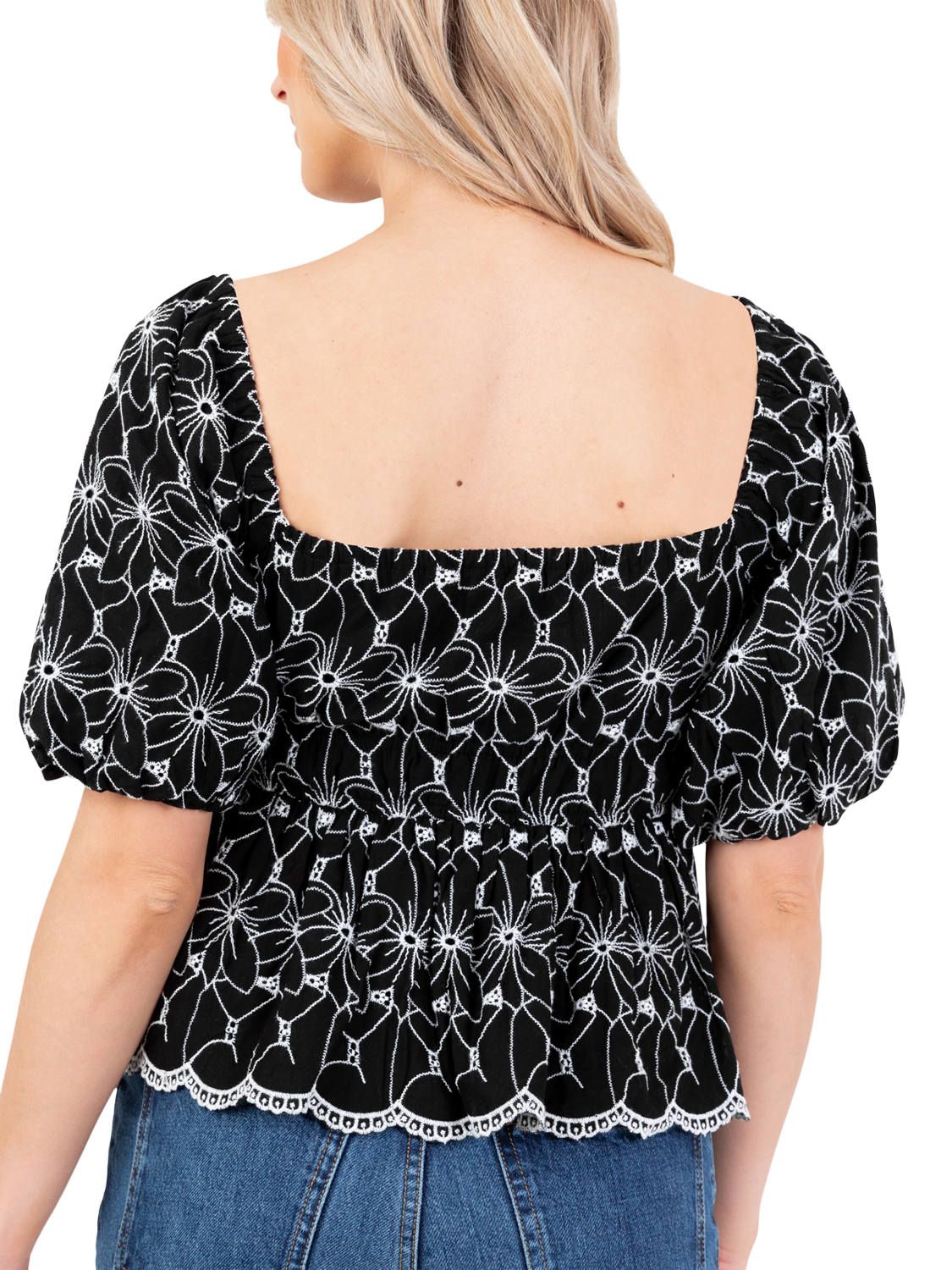 Product image 5 of 11, which shows Lovedrobe Broderie Anglaise Peplum Top, Black/White, 8