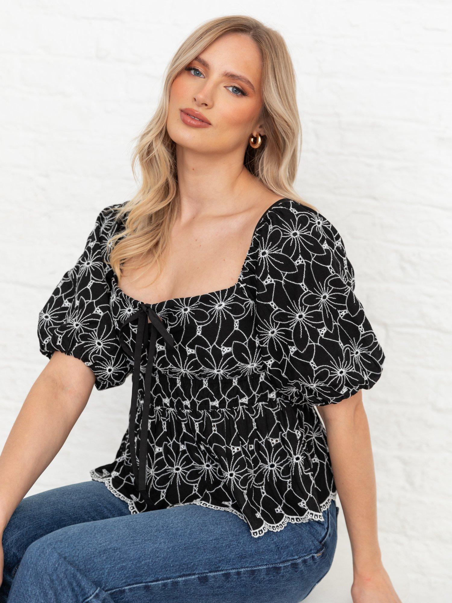 Product image 7 of 11, which shows Lovedrobe Broderie Anglaise Peplum Top, Black/White, 8