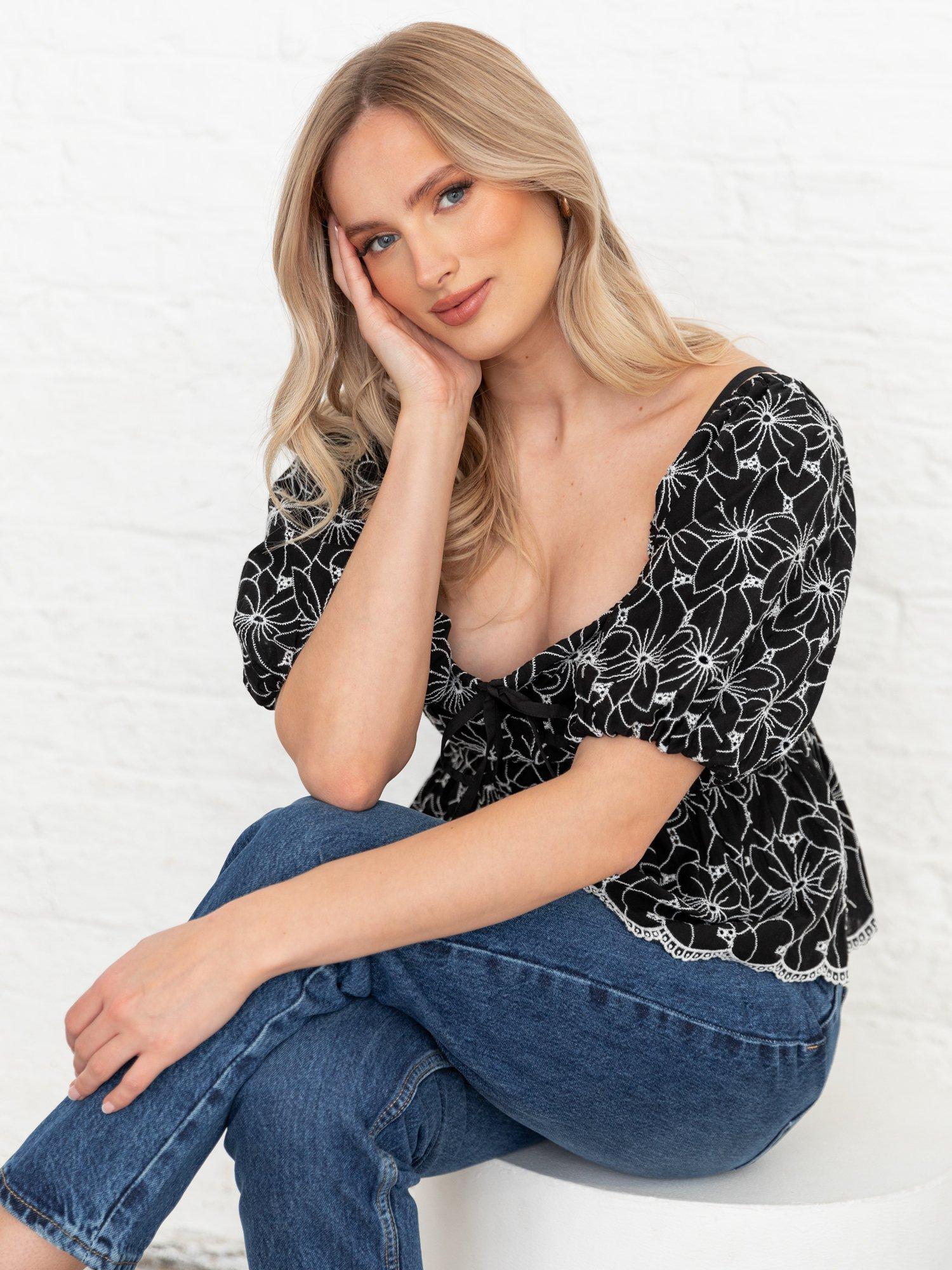 Product image 8 of 11, which shows Lovedrobe Broderie Anglaise Peplum Top, Black/White, 8