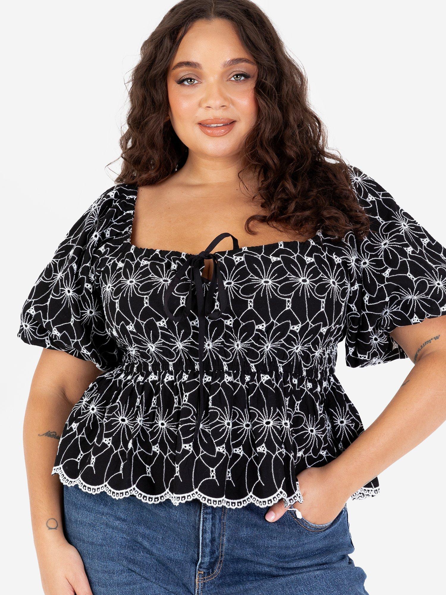 Product image 9 of 11, which shows Lovedrobe Broderie Anglaise Peplum Top, Black/White, 8