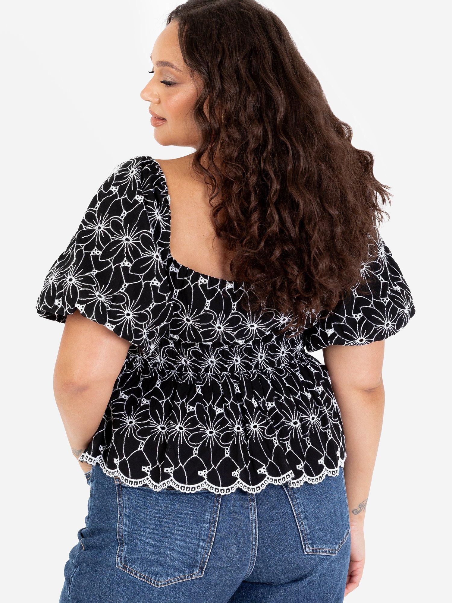 Product image 10 of 11, which shows Lovedrobe Broderie Anglaise Peplum Top, Black/White, 8
