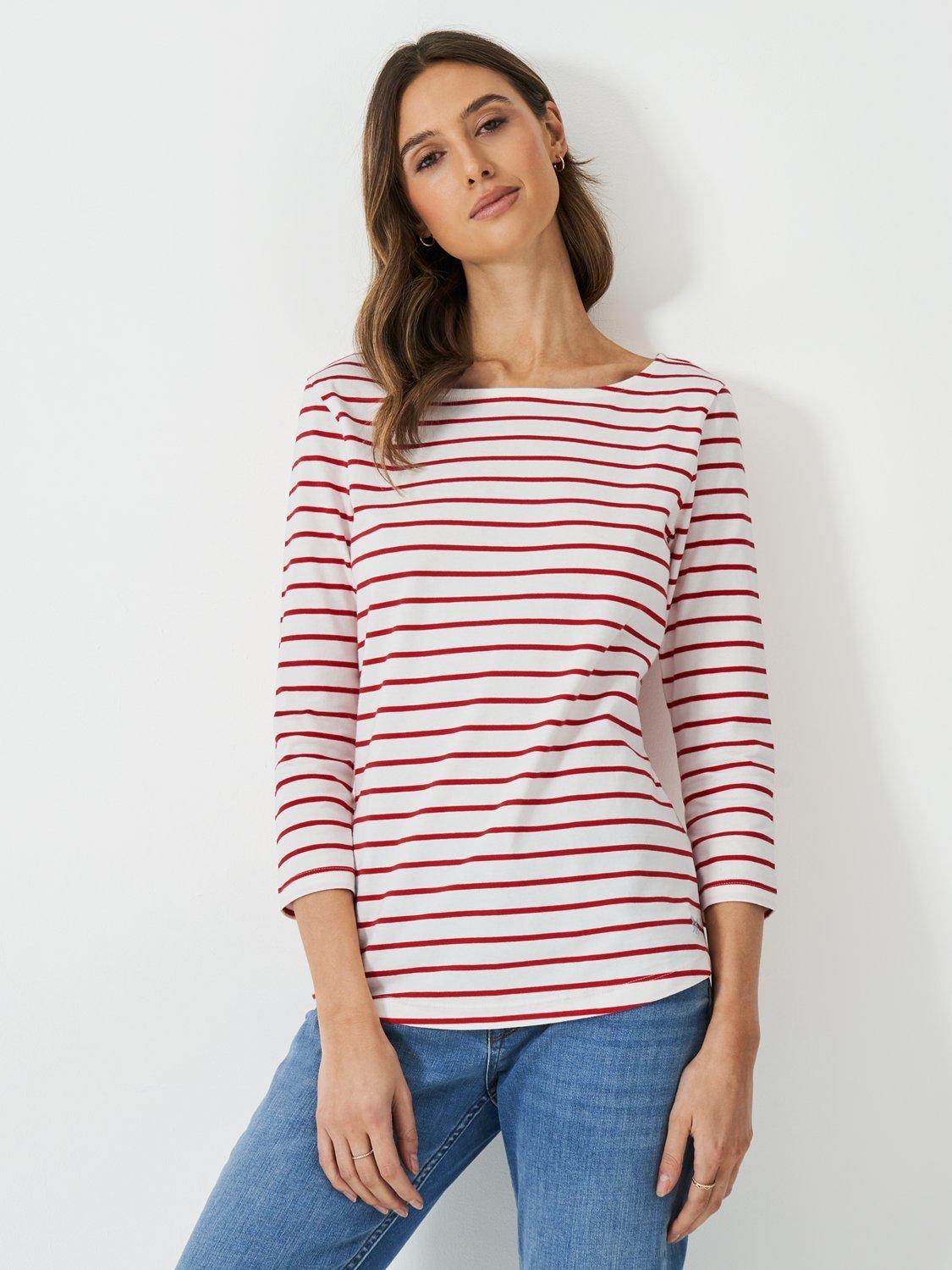 Product image 1 of 11, which shows Crew Clothing Essential Breton Stripe Top, White/Red, 8