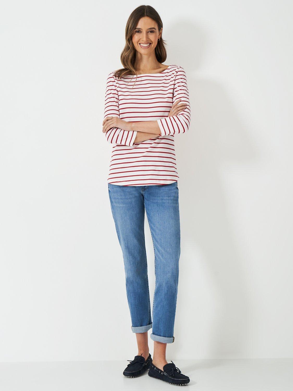 Product image 2 of 11, which shows Crew Clothing Essential Breton Stripe Top, White/Red, 8