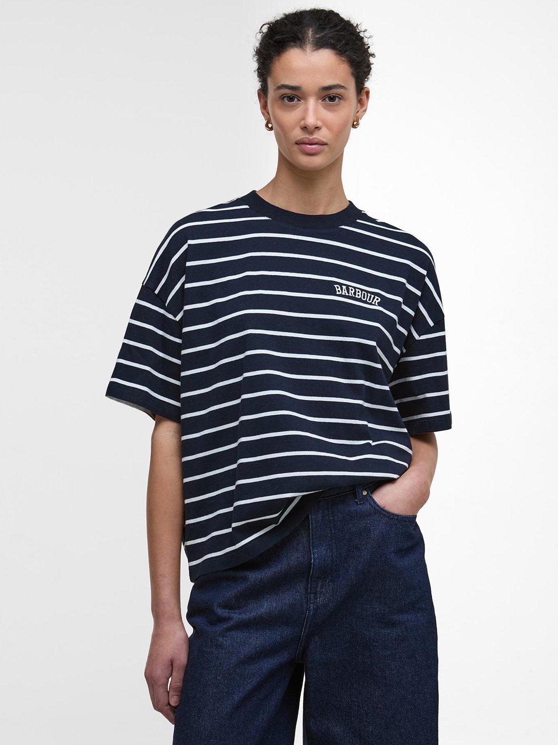Product image 1 of 6, which shows Barbour Faye Stripe Logo Top, Navy Stripe, 8