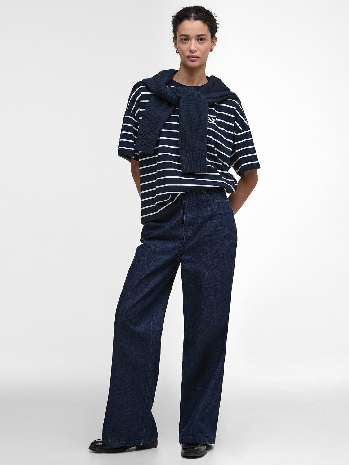 Product image 3 of 6, which shows Barbour Faye Stripe Logo Top, Navy Stripe, 8