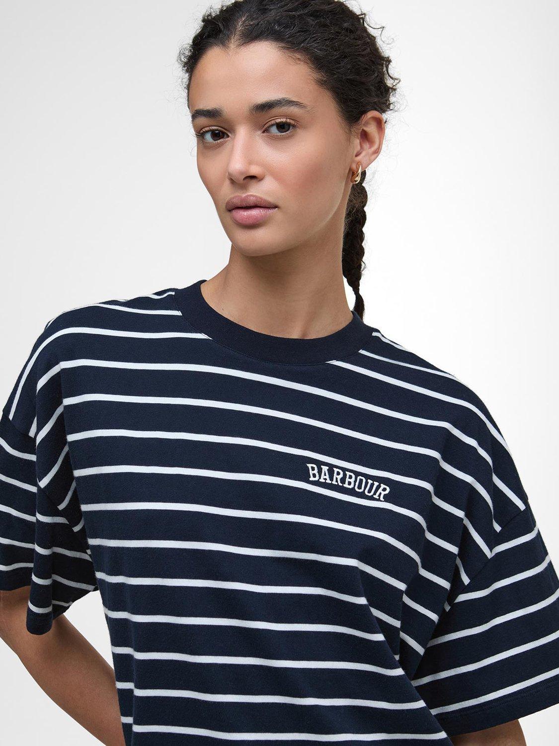 Product image 5 of 6, which shows Barbour Faye Stripe Logo Top, Navy Stripe, 8