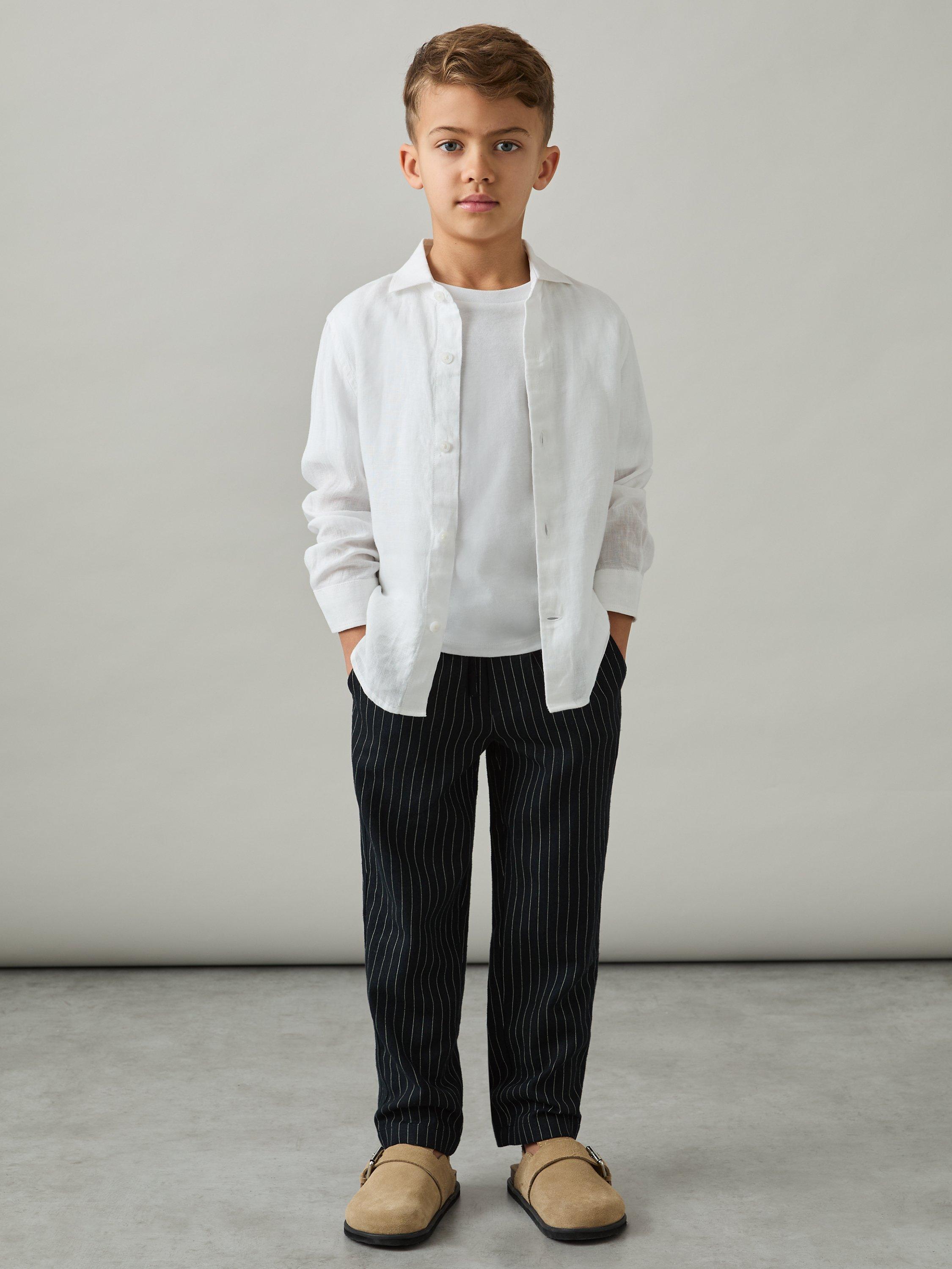 Product image 1 of 4, which shows Reiss Kids' Andros Linen Blend Drawstring Trousers, Navy Stripe, 6-7 years