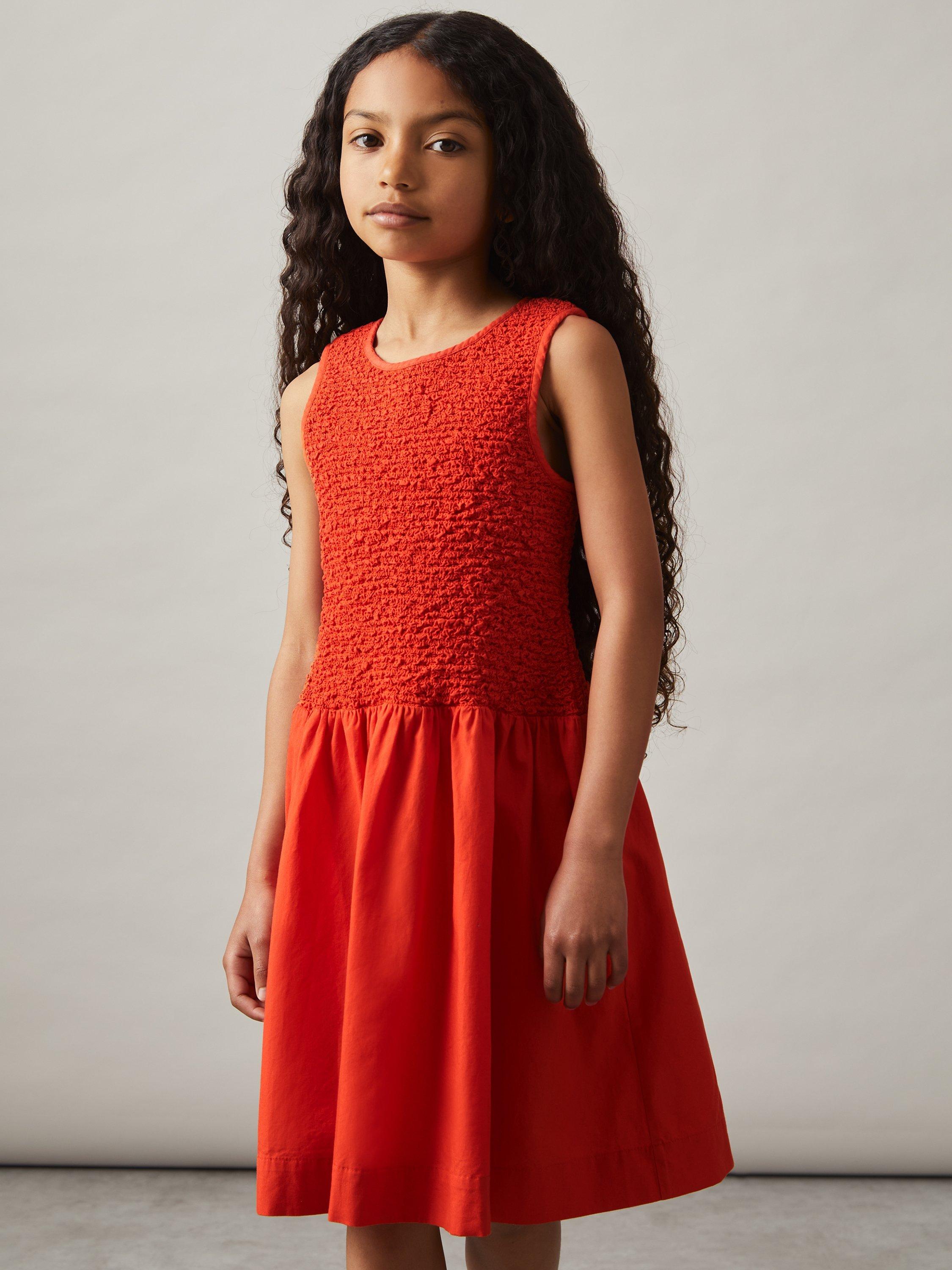 Product image 3 of 4, which shows Reiss Kids' Annabella Cotton Sleeveless Shirred Dress, Red, 4-5 years