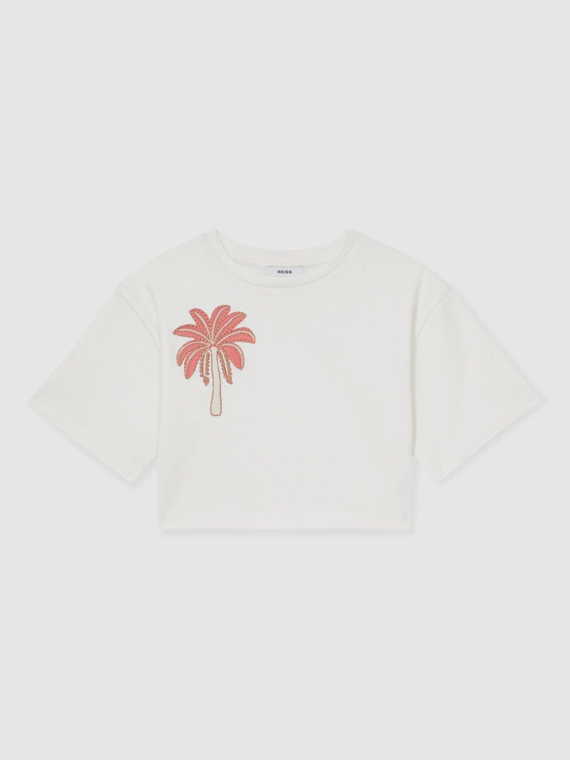 Product image 2 of 4, which shows Reiss Kids' Palmer Cotton Cropped Oversized T-Shirt, Ivory, 11-12 years
