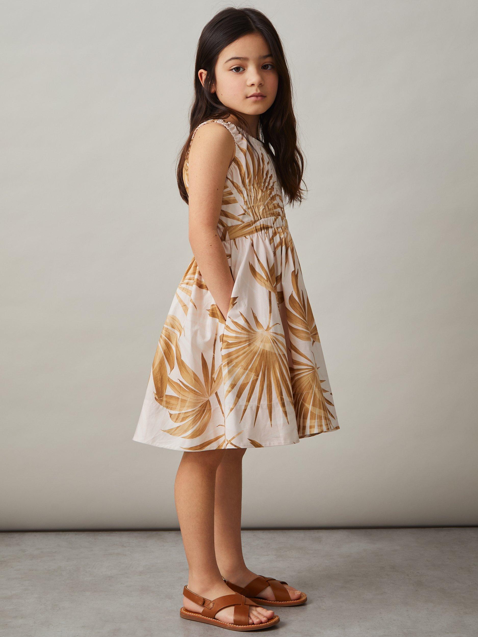 Reiss Kids' Anouka Cotton Poplin Shirred Printed Dress, Multi