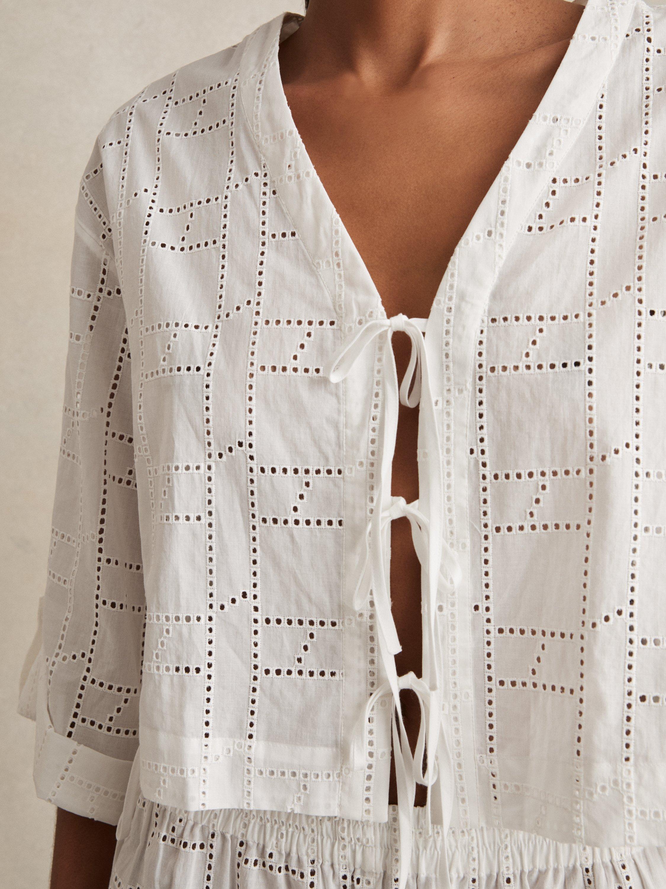 Product image 4 of 5, which shows Reiss Nadia Broderie Anglaise Tie Front Top, White, XS