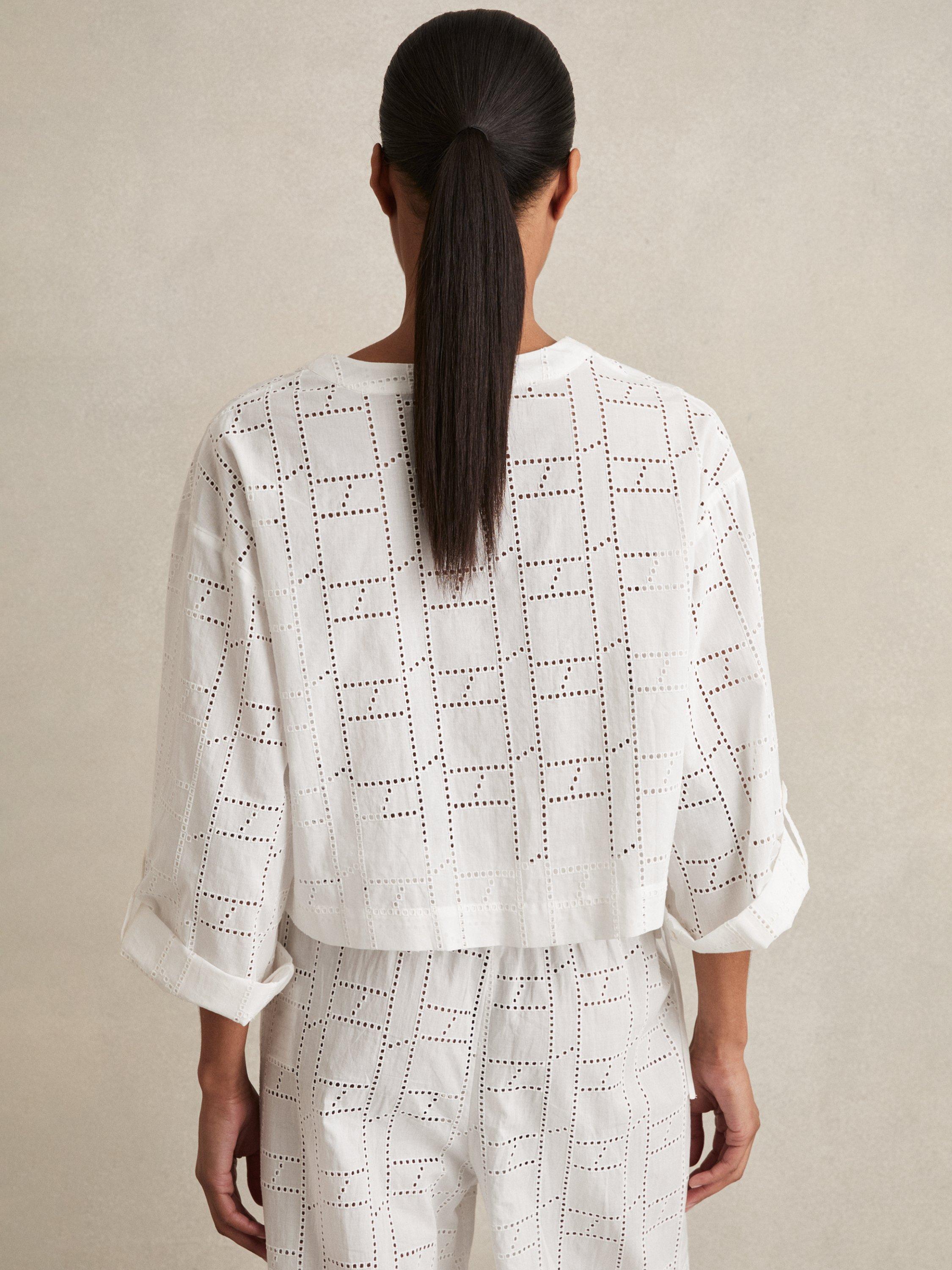 Product image 5 of 5, which shows Reiss Nadia Broderie Anglaise Tie Front Top, White, XS