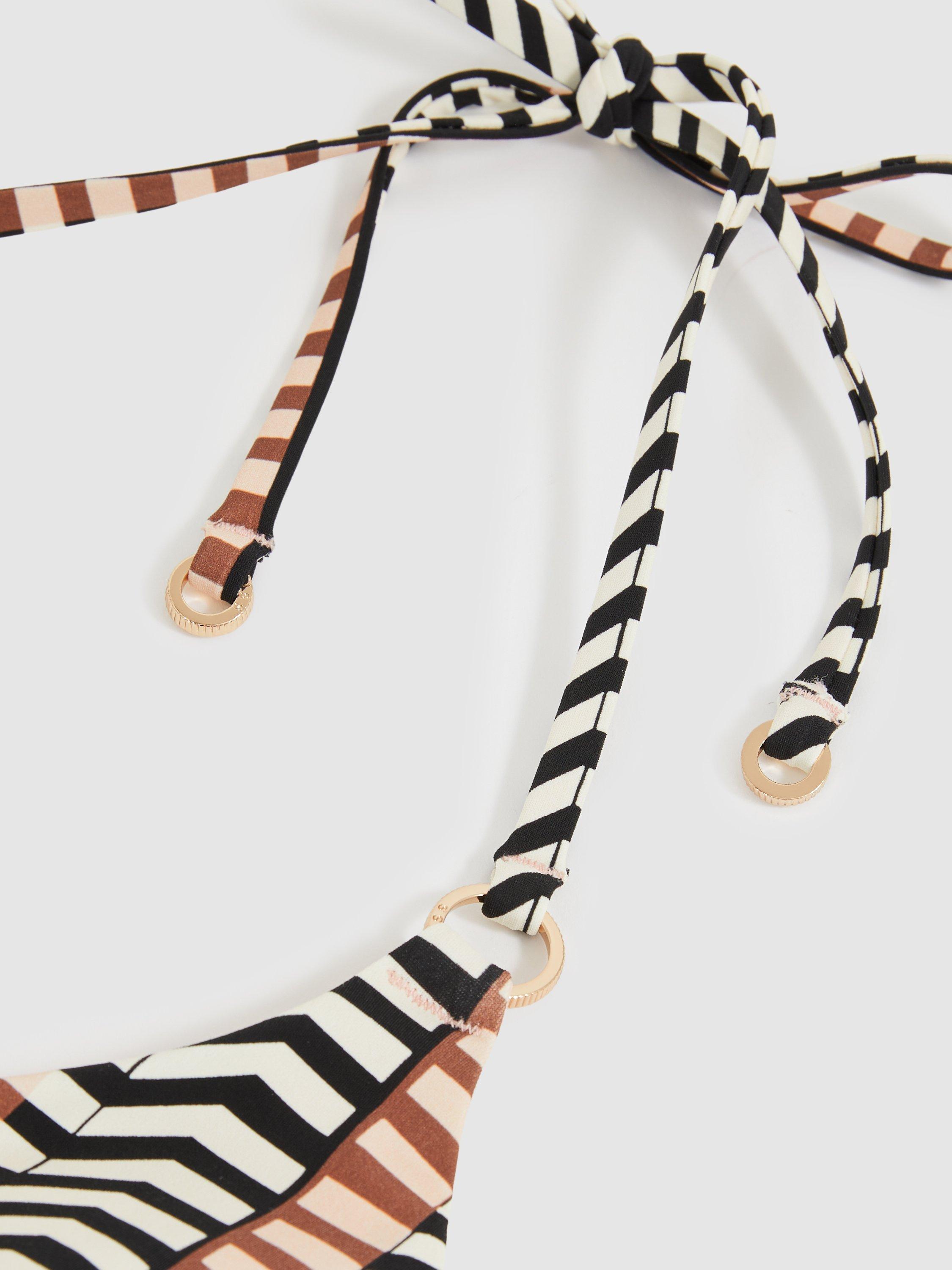 Product image 2 of 5, which shows Reiss Charlie Mixed Stripe Triangle Bikini Top, Black/Brown, 6