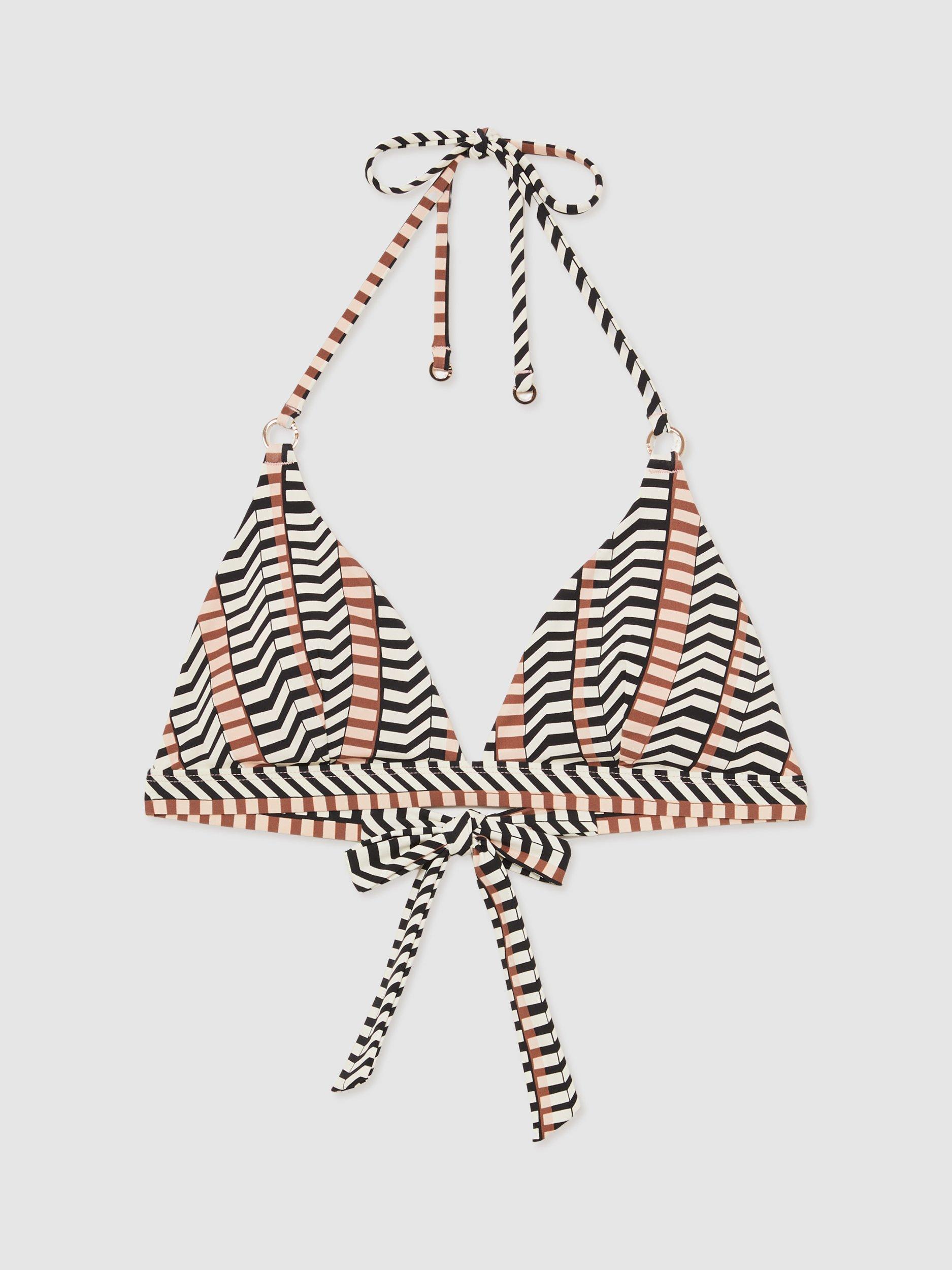 Product image 3 of 5, which shows Reiss Charlie Mixed Stripe Triangle Bikini Top, Black/Brown, 6