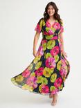 Scarlett & Jo Isabelle Graphic Floral Float Sleeve Maxi Dress, Navy/Pink
