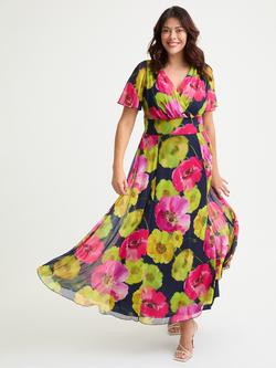Scarlett & Jo Isabelle Graphic Floral Float Sleeve Maxi Dress, Navy/Pink, Navy/Pink