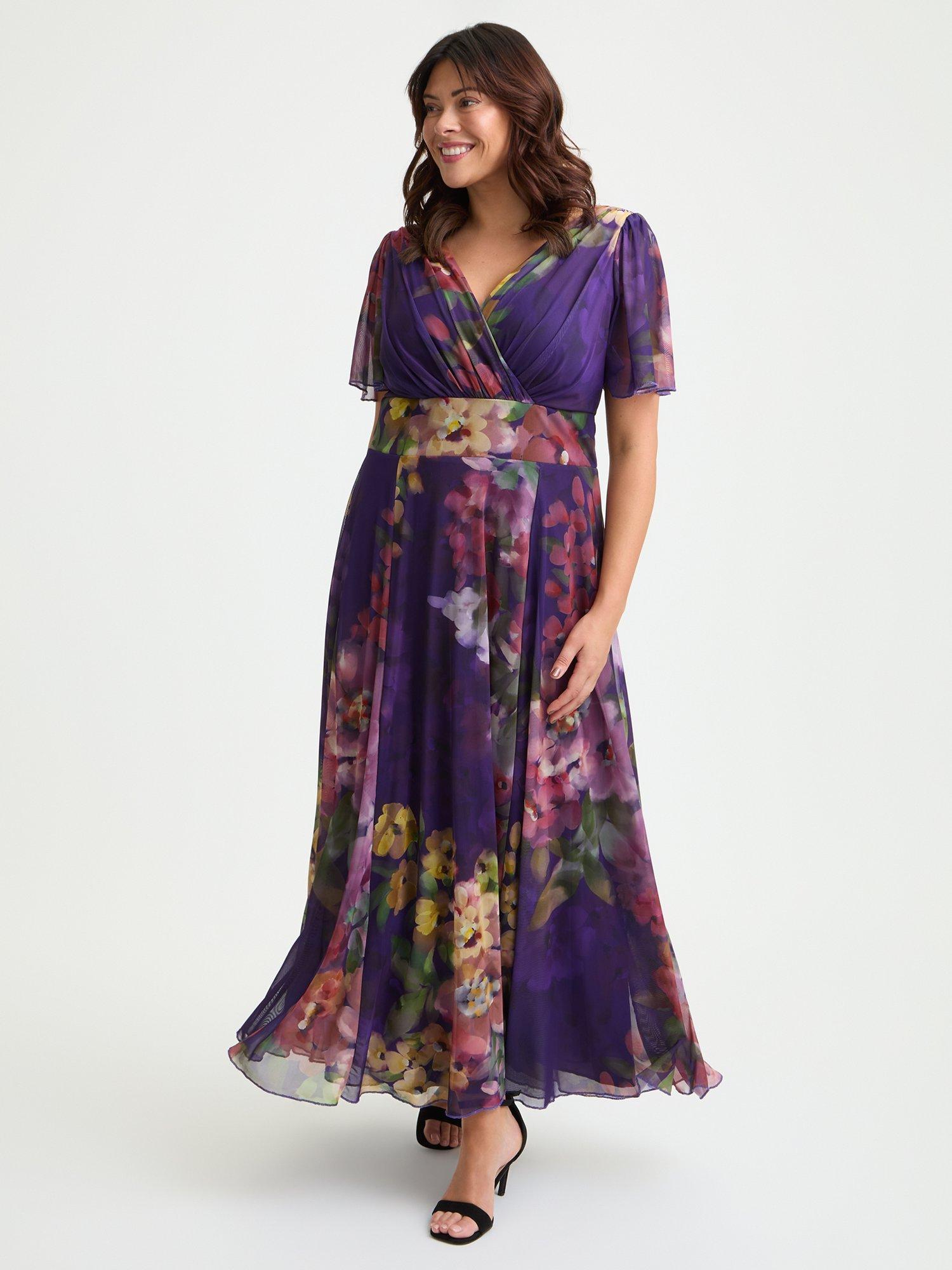 Product image 1 of 4, which shows Scarlett & Jo Isabelle Tropical Floral Float Sleeve Maxi Dress, Purple/Multi, 12