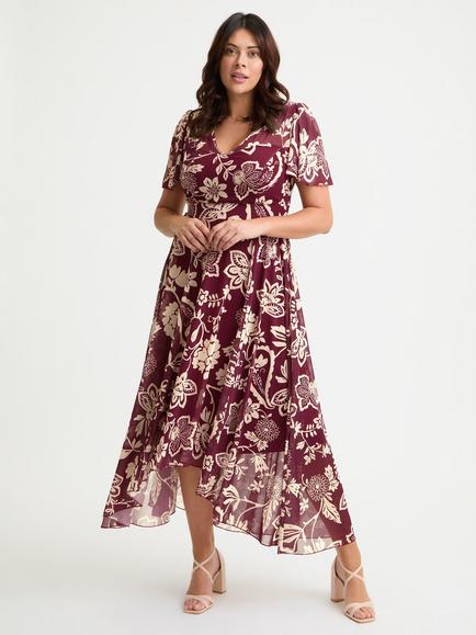 Scarlett & Jo Tilly Floral V Neck Short Sleeve Midi Dress, Wine/Cream