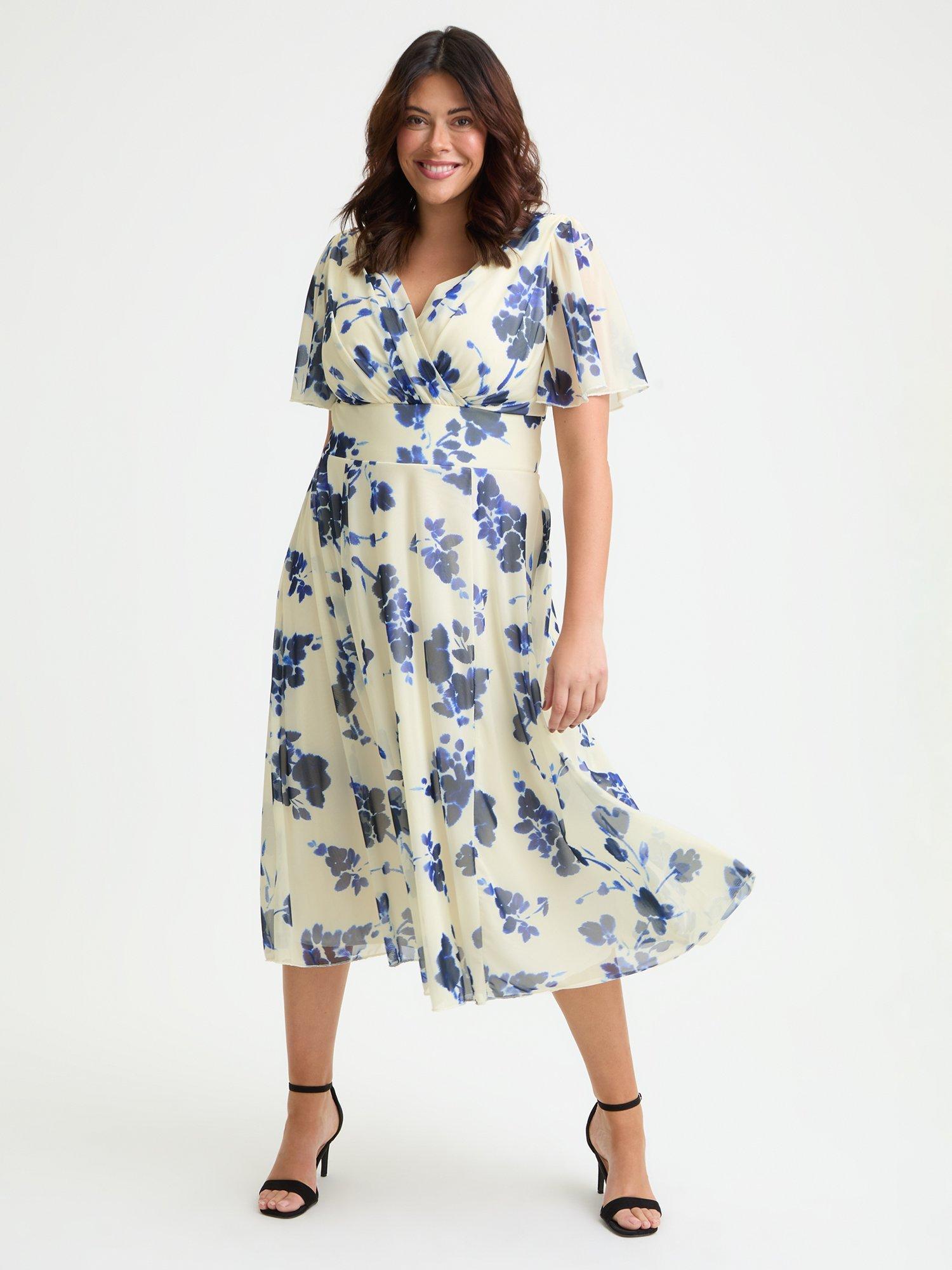 Product image 1 of 4, which shows Scarlett & Jo Victoria Floral Angel Sleeve Midi Dress, Cream/Blue, 12