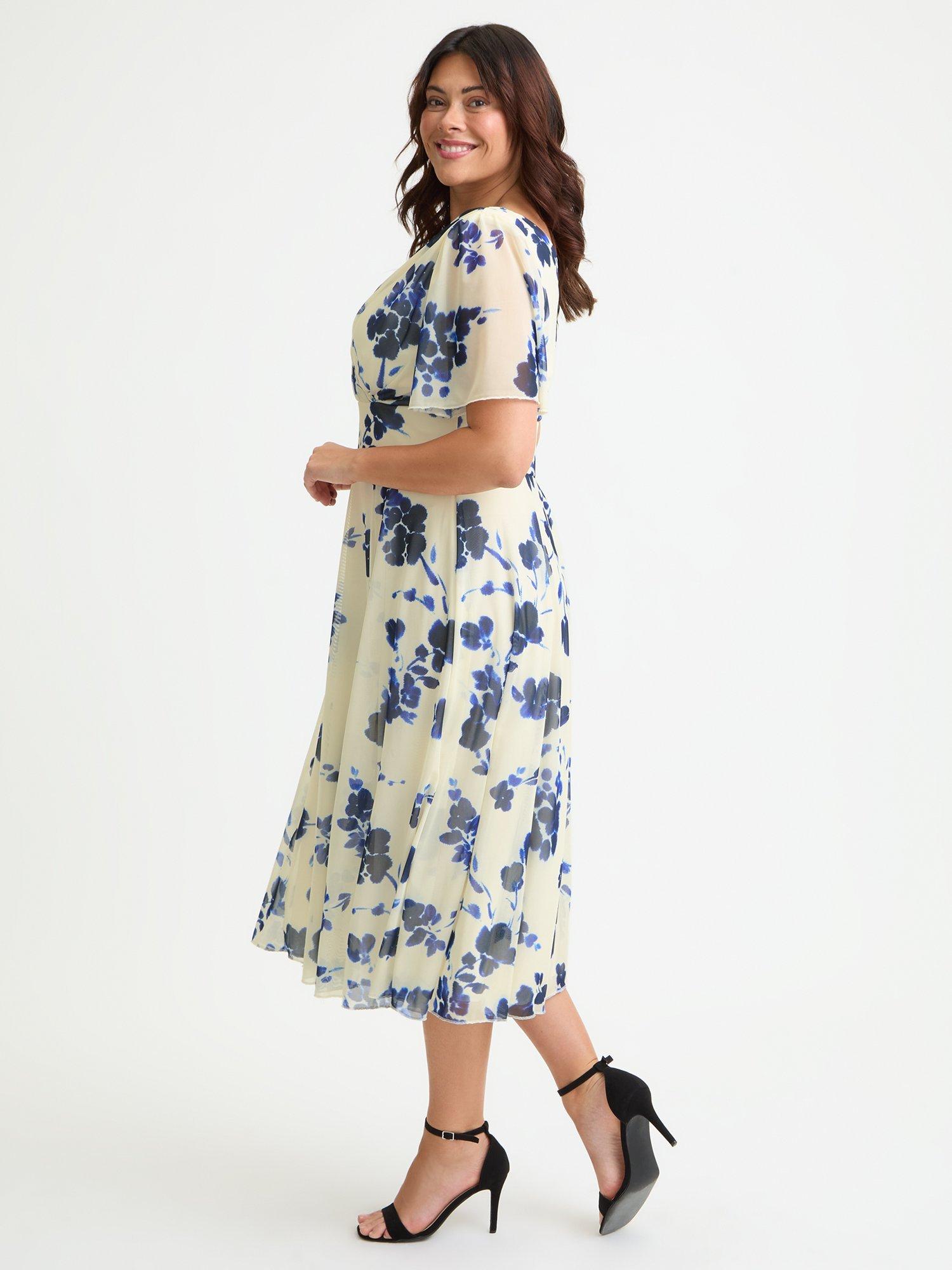 Product image 3 of 4, which shows Scarlett & Jo Victoria Floral Angel Sleeve Midi Dress, Cream/Blue, 12