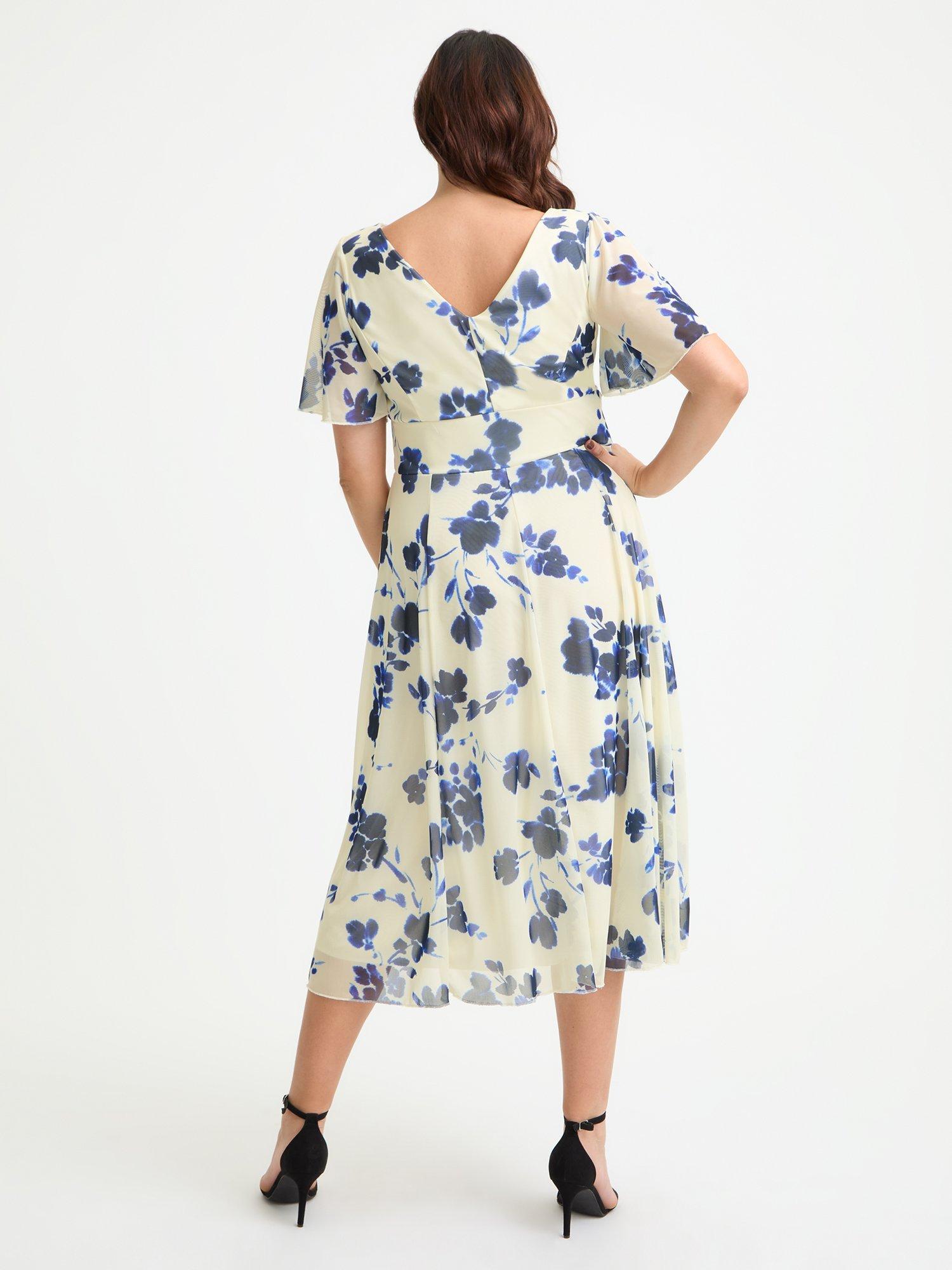 Product image 4 of 4, which shows Scarlett & Jo Victoria Floral Angel Sleeve Midi Dress, Cream/Blue, 12