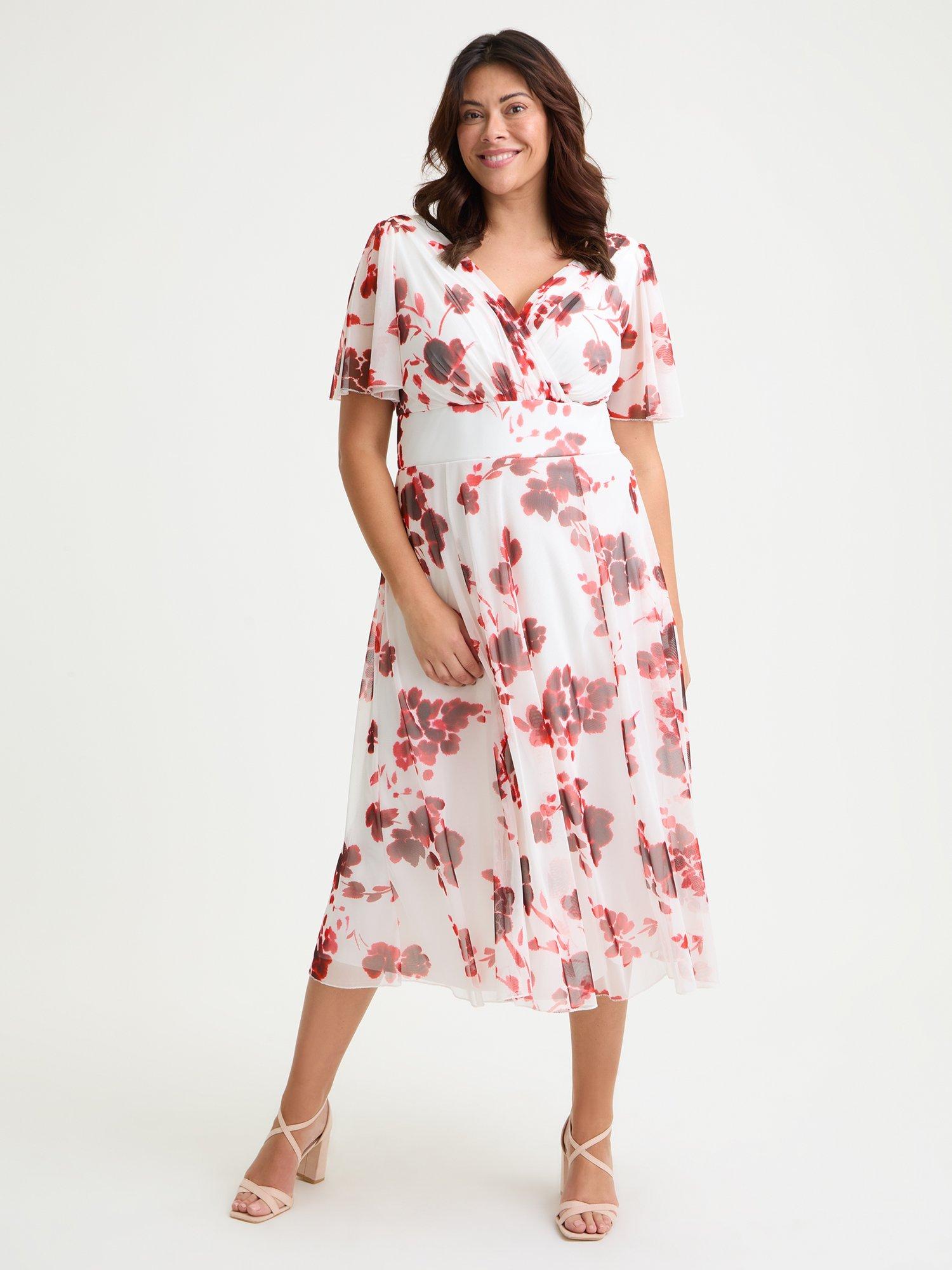 Product image 1 of 4, which shows Scarlett & Jo Victoria Floral Angel Sleeve Midi Dress, Cream/Red, 12