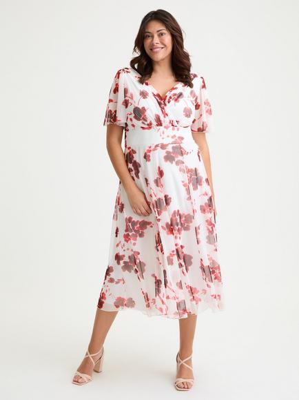 Scarlett & Jo Victoria Floral Angel Sleeve Midi Dress, Cream/Red