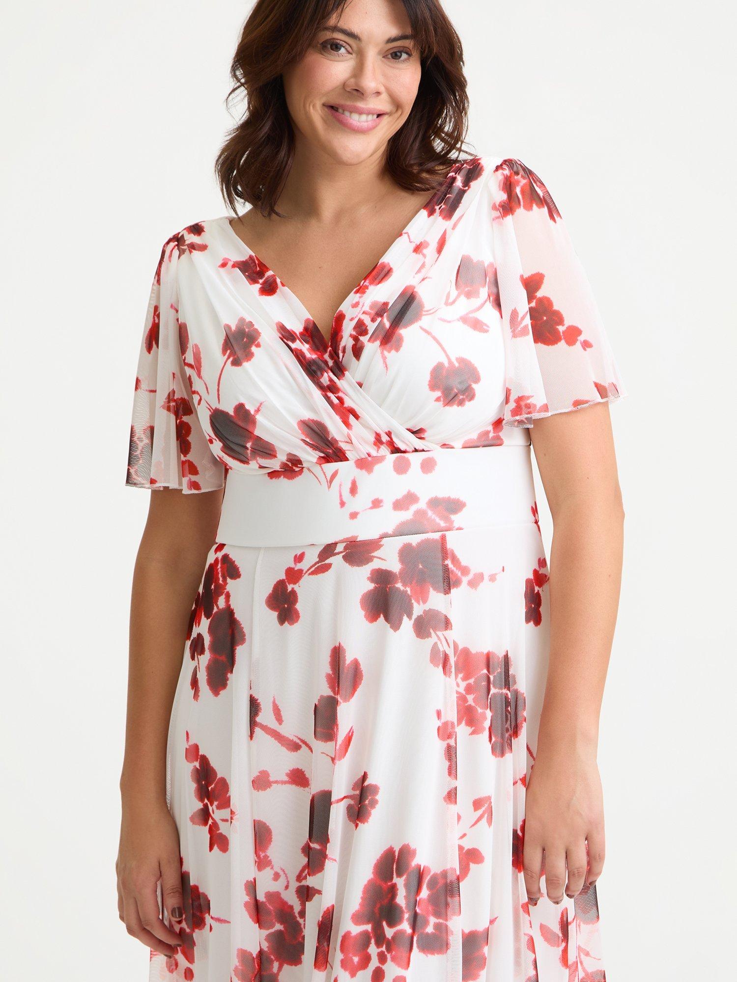 Product image 2 of 4, which shows Scarlett & Jo Victoria Floral Angel Sleeve Midi Dress, Cream/Red, 12