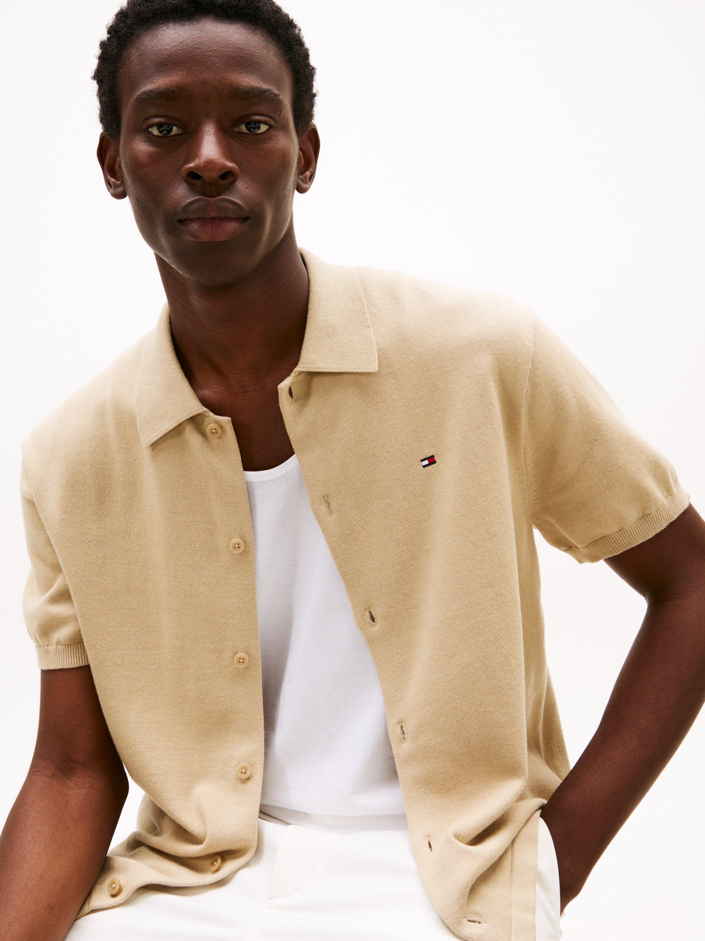 Product image 4 of 5, which shows Tommy Hilfiger Cotton Regular Fit Essential Short Sleeve Shirt, Sandalwood, S