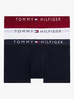 Tommy Hilfiger Original Logo Waistband Stretch Cotton Trunks, Pack of 3, Desert Sky/White/Rouge